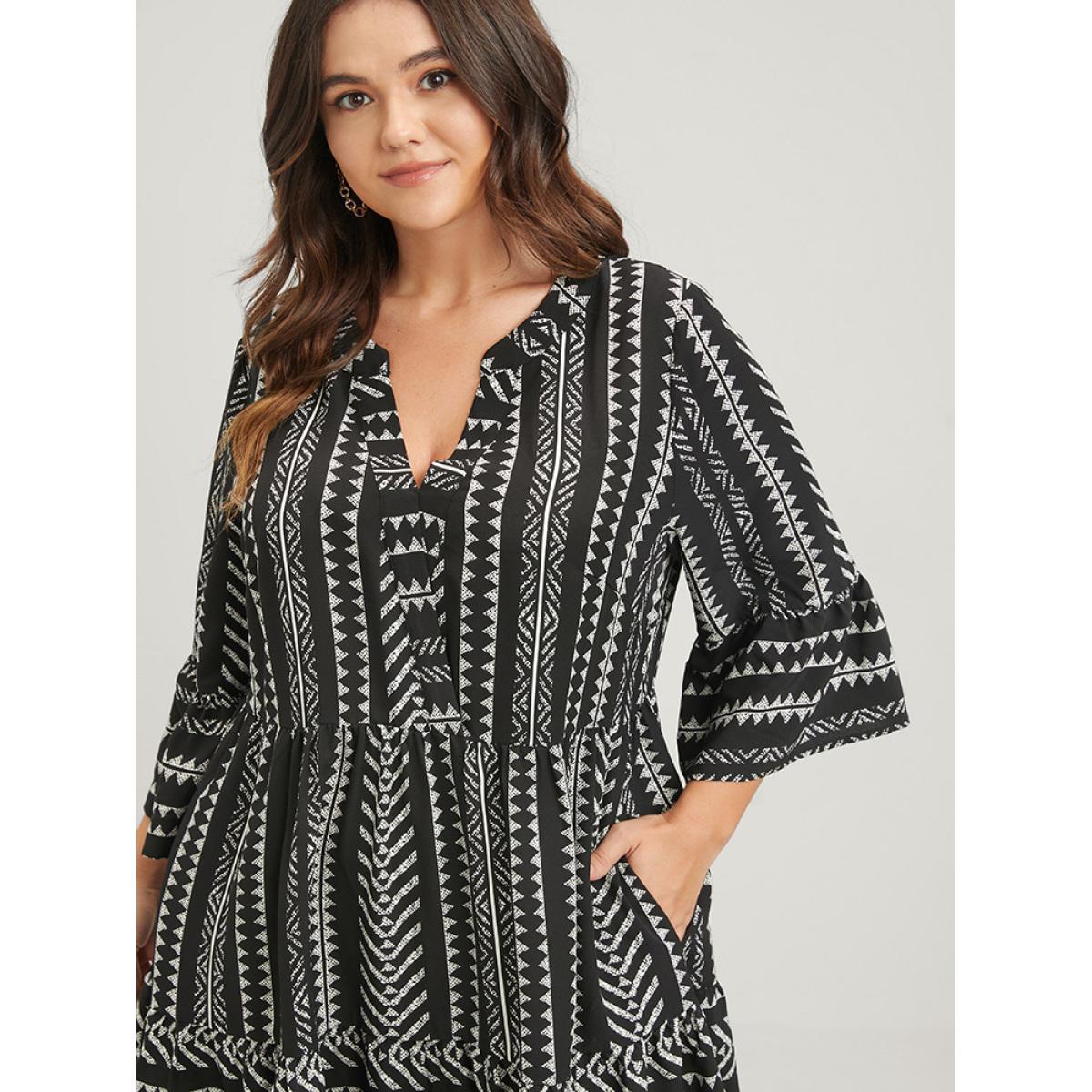 Plus Size Bloom Dress -Geometric Pocket Ruffles V Neck Knee Dress Black Women Vacation Pocket V-neck Elbow-length sleeve Curvy Knee Dress BloomChic 30/6X Product Image