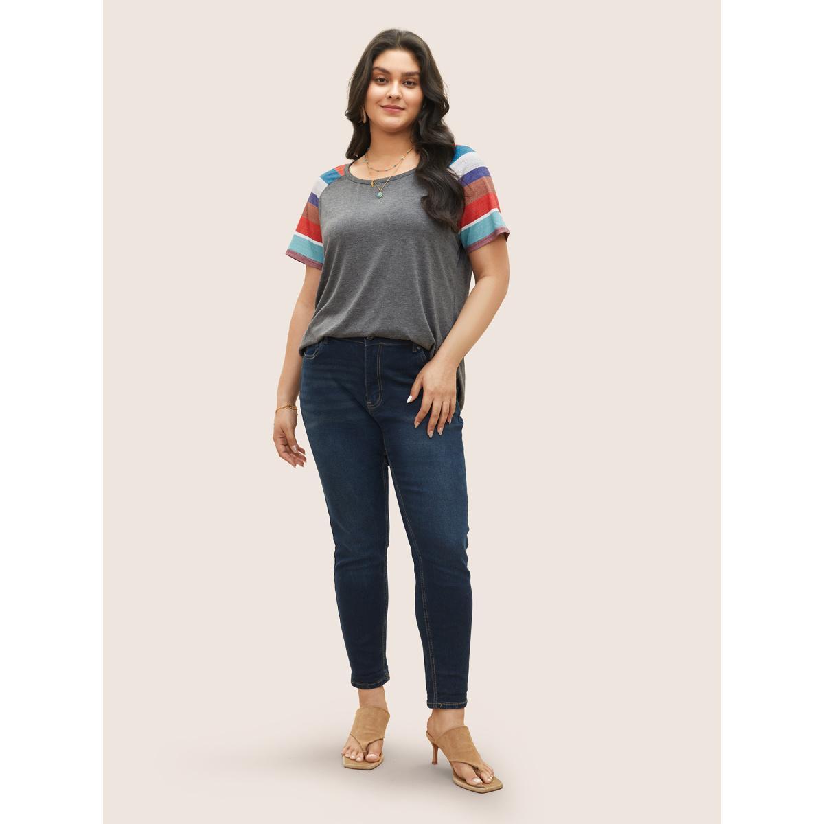Plus Size Striped Contrast Raglan Sleeve Round Neck T-shirt DarkGray Women Resort Striped Round Neck Vacation T-shirts BloomChic 18-20/2X Product Image