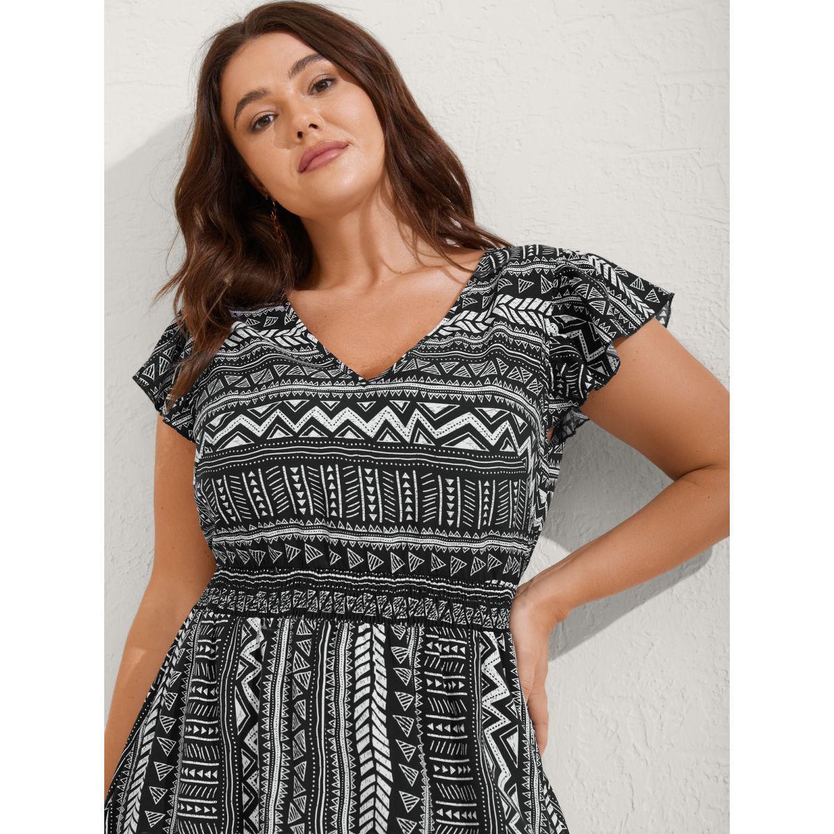 Plus Size Boho Stripes Shirred Waist Midi Dress Black Women V-neck Cap Sleeve Curvy BloomChic 14-16/1X Product Image