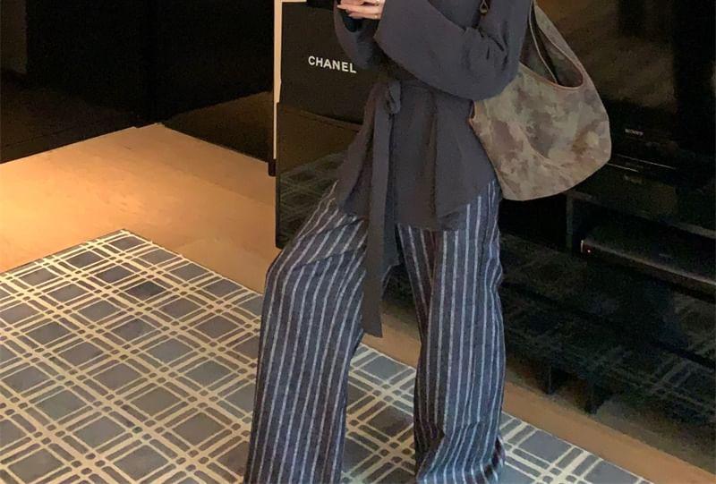Long-Sleeve Plain Loose-Fit Knit Top / Striped Loose-Fit Pants Product Image
