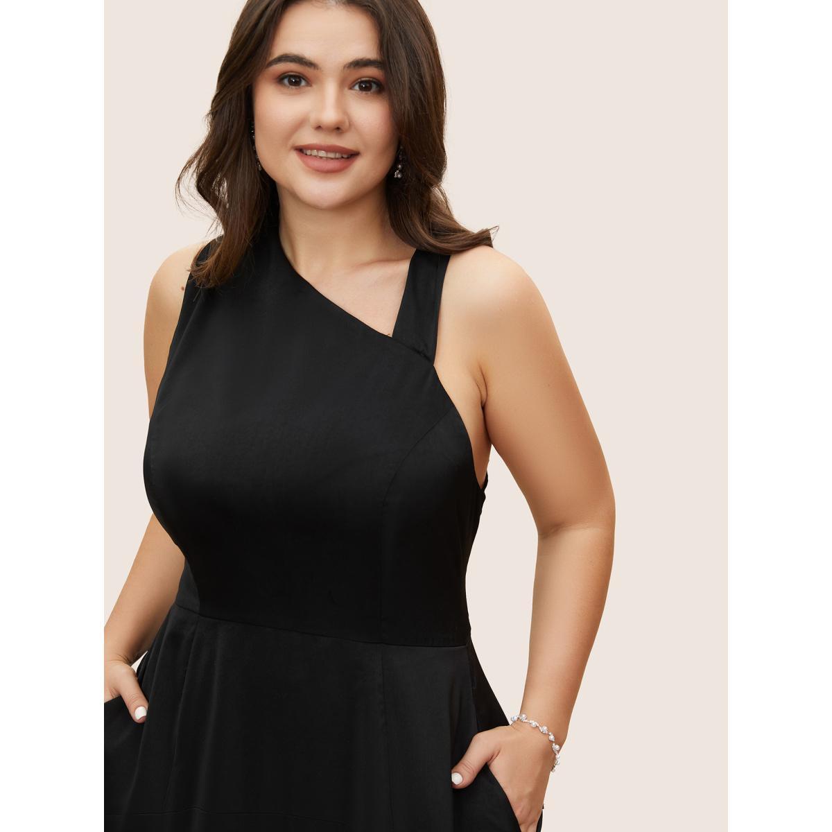 Plus Size Solid Asymmetrical Neck Split Hem Dress Black Women Formal Asymmetrical Neck Sleeveless Curvy Midi Dress BloomChic 14-16/1X Product Image
