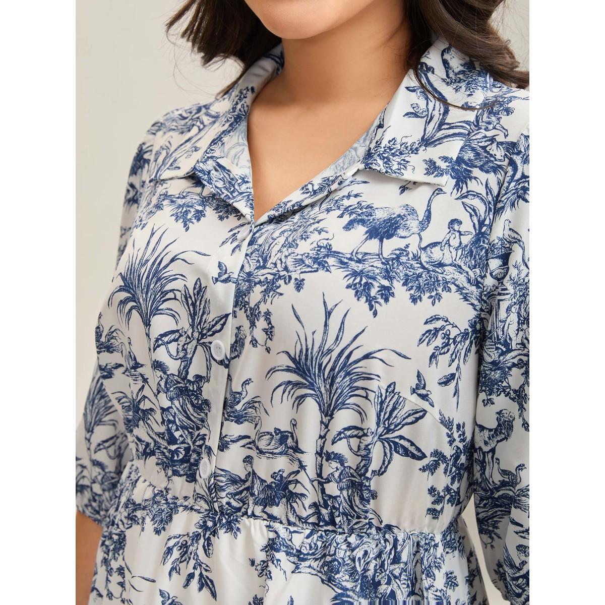 Plus Size Animal Print Button Pockets Midi Dress DarkBlue Women Elegant Shirt collar Half Sleeve Curvy BloomChic 28/5X Product Image