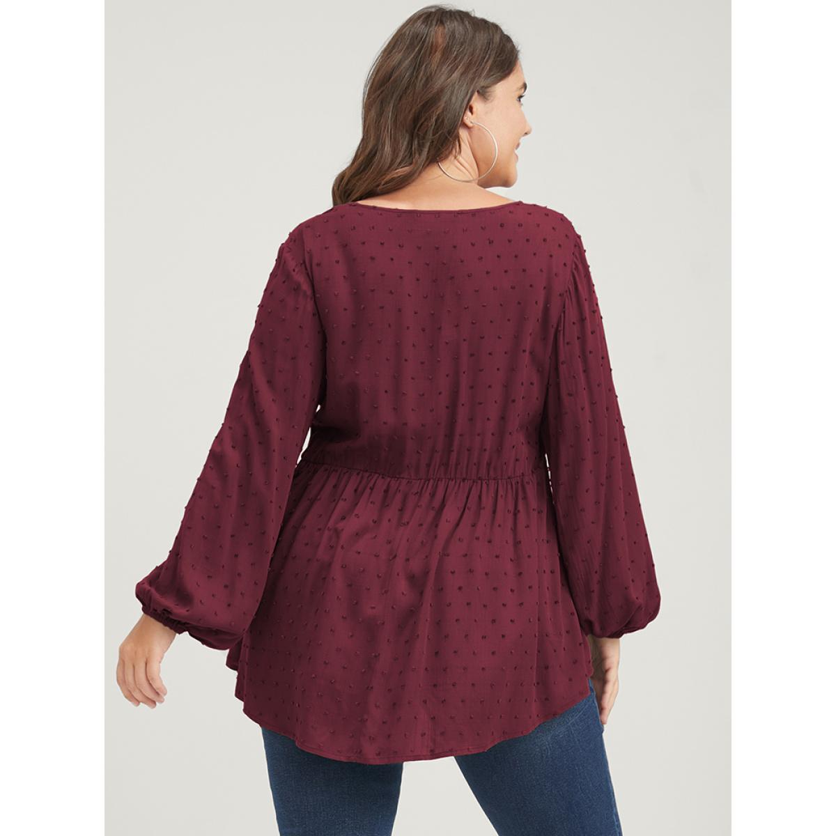 Plus Size Burgundy Polka Dot Flutter Button Detail Lantern Sleeve Blouse Women Elegant Long Sleeve V-neck Dailywear Blouses BloomChic 14-16/1X Product Image
