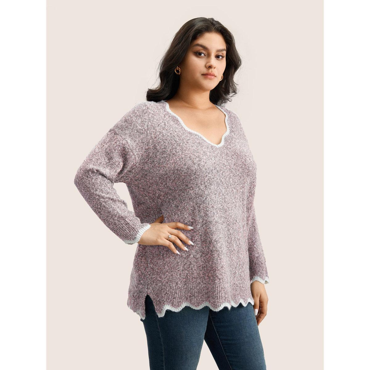 Plus Size Contrast Split Side Scalloped Trim Pullover MistyRose Women Casual Long Sleeve V-neck Everyday Pullovers BloomChic 22-24/3X Product Image