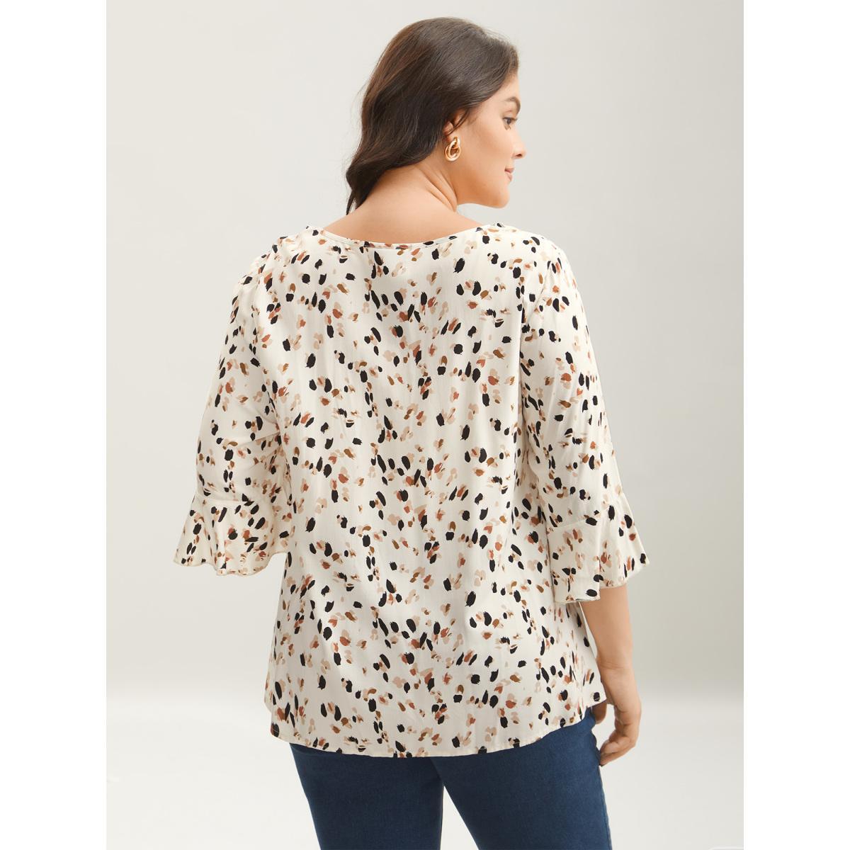 Plus Size Ivory Leopard Print Ruffled Detail Shirt Women Elegant Elbow-length sleeve V-neck Everyday Blouses BloomChic 14-16/1X Product Image