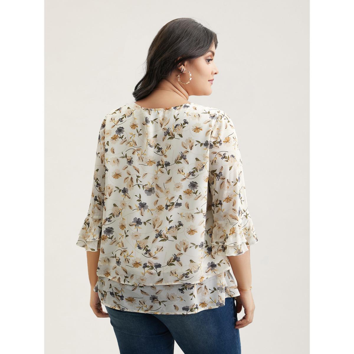Plus Size Ivory Chiffon Floral Print Layered Blouse Women Elegant Elbow-length sleeve Round Neck Everyday Blouses BloomChic 22-24/3X Product Image