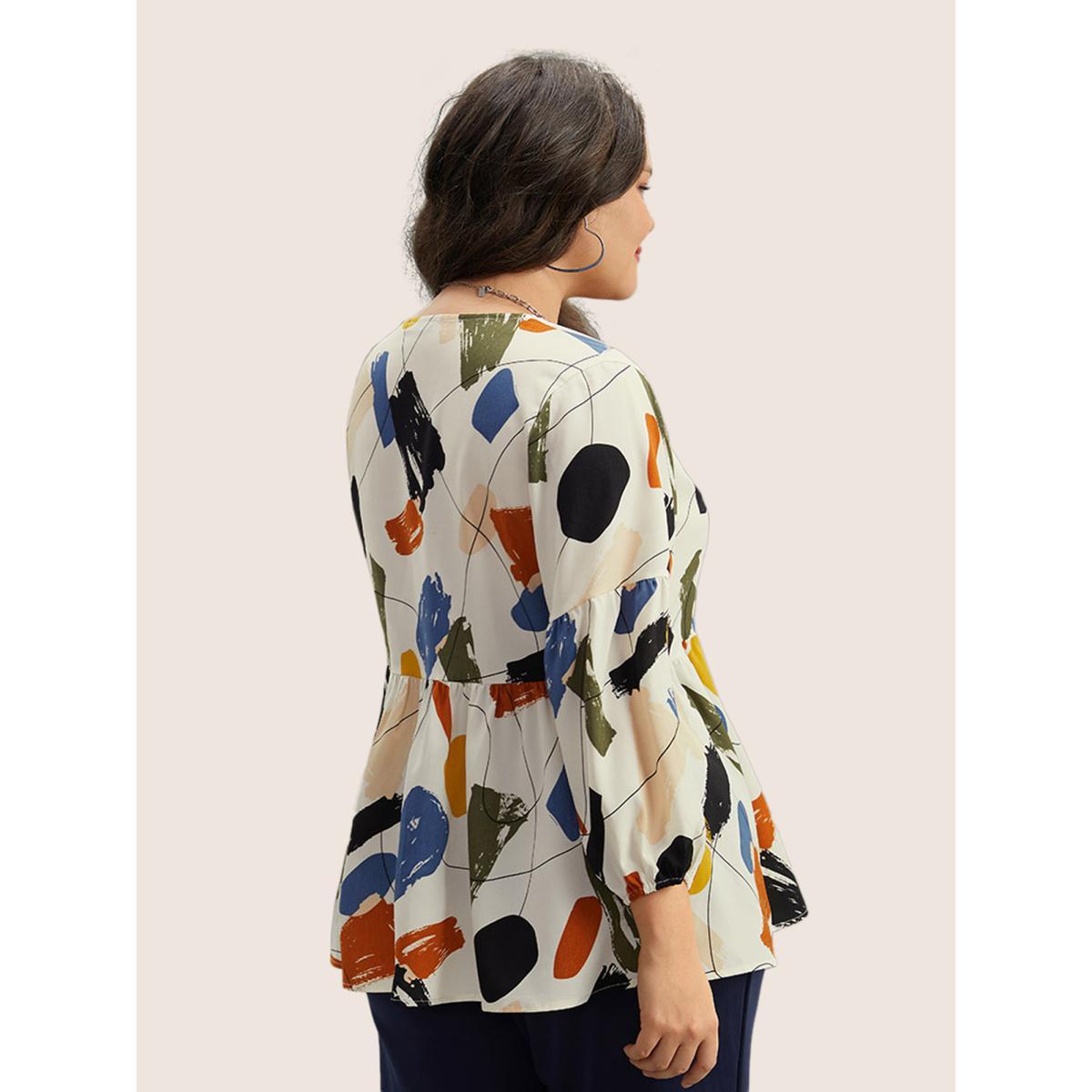 Plus Size Ivory Brush Print Button Detail Elastic Cuffs Blouse Women Casual Long Sleeve V-neck Everyday Blouses BloomChic 18-20/2X Product Image