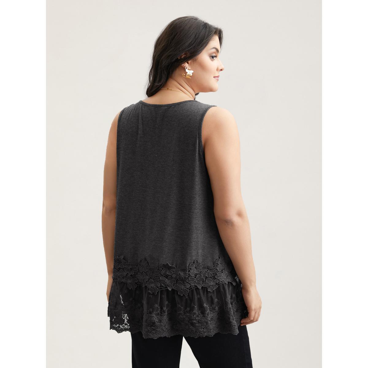 Plus Size Lace Patchwork Plain V-Neck Vest Women DimGray Elegant Woven ribbon&lace trim V-neck Everyday Tank Tops Camis BloomChic 10/M Product Image