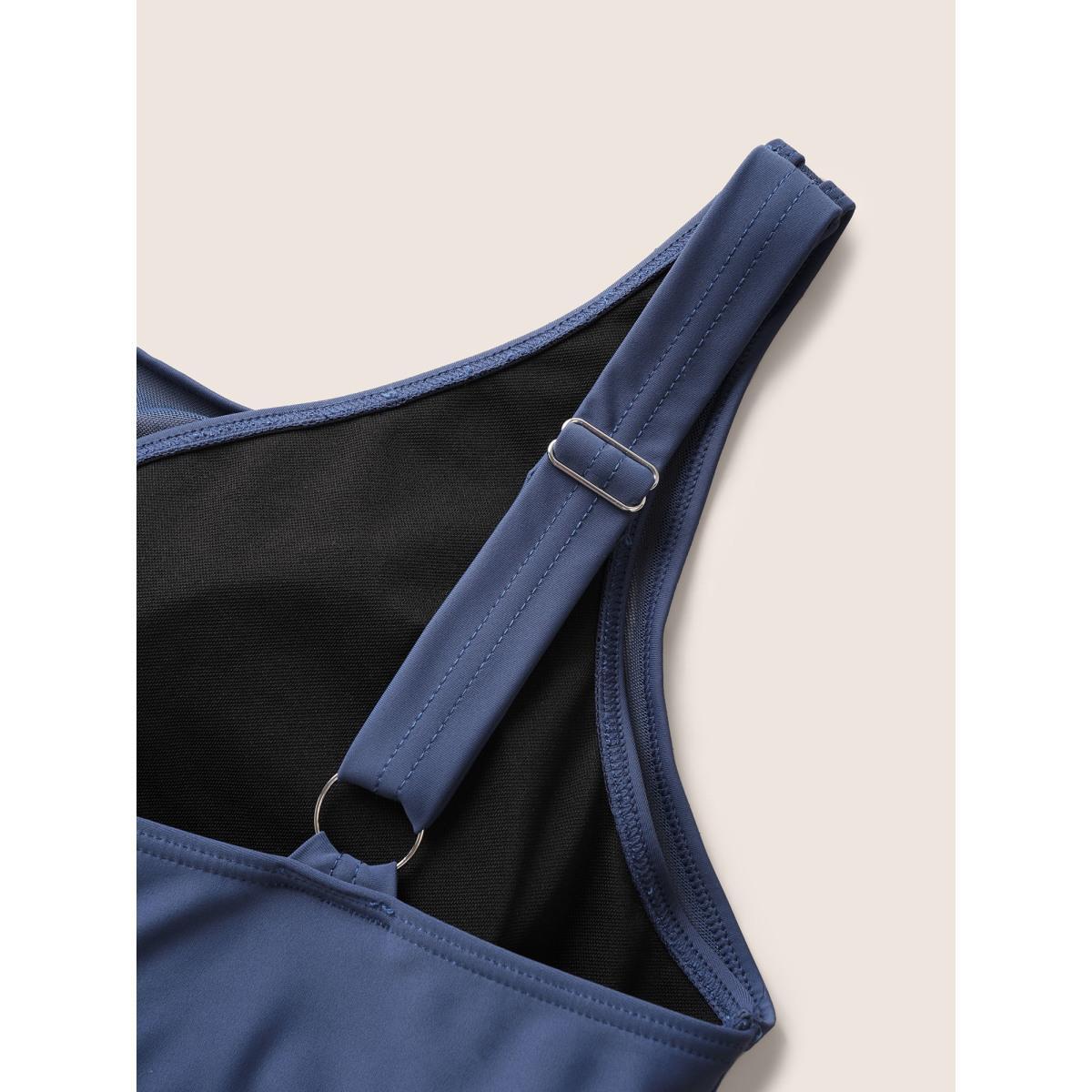 Plus Size See Through Patchwork Gathered Swim Dress Women's Swimwear Indigo Beach Bodycon Round Neck High stretch Curve Swim Dresses BloomChic 26/4X Product Image