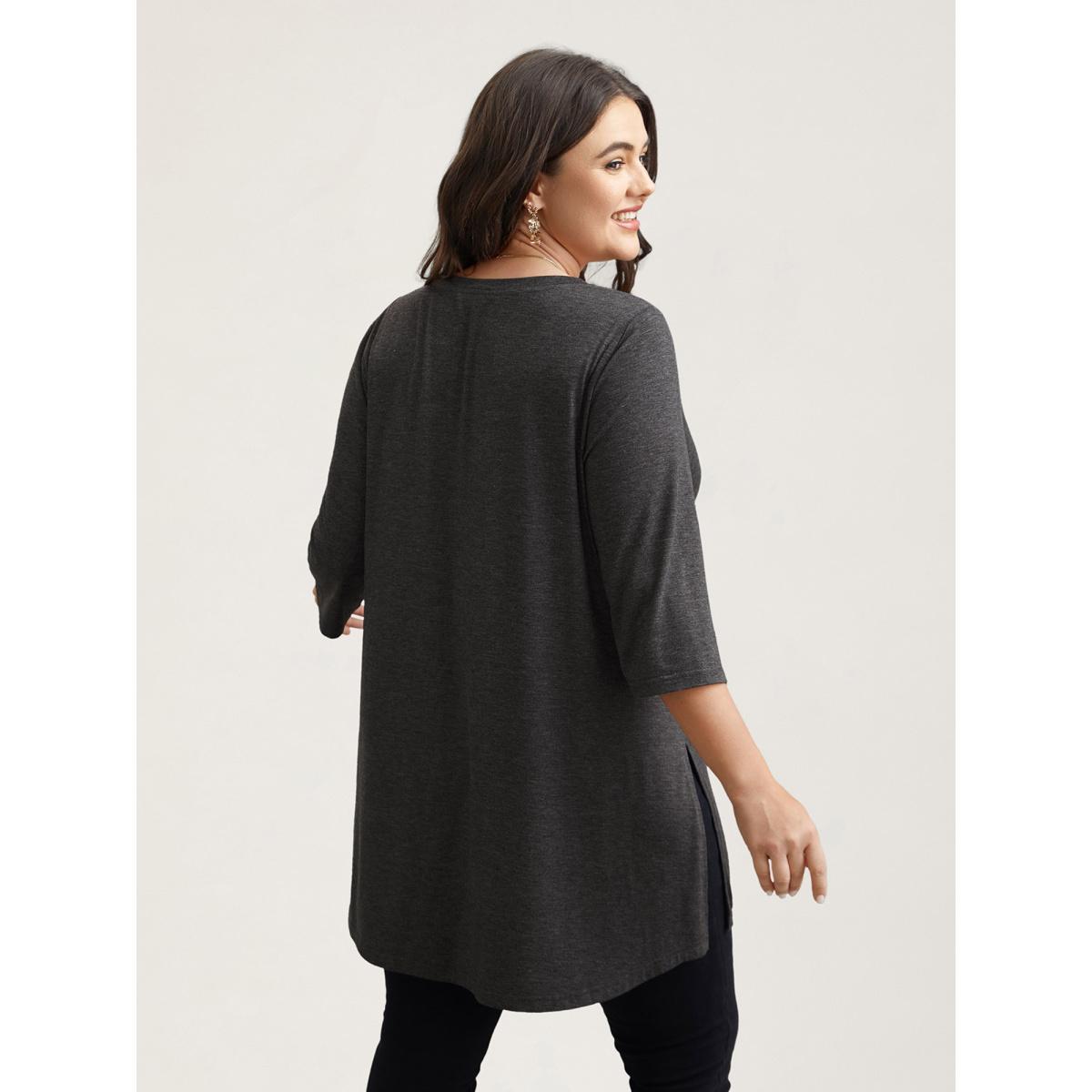 Plus Size Solid Slit Round Neck Tunic T-Shirt DimGray Women Casual Slit Round Neck Loose Everyday T-shirts BloomChic 22-24/3X Product Image