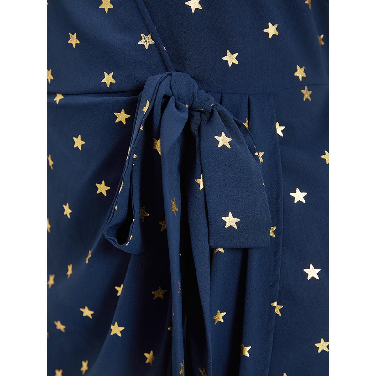 Plus Size Star Wrap Ties Pocket Ruffle Sleeve Dress Indigo Women Party Wrap Overlap Collar Sleeveless Curvy Midi Dress BloomChic 14-16/1X Product Image
