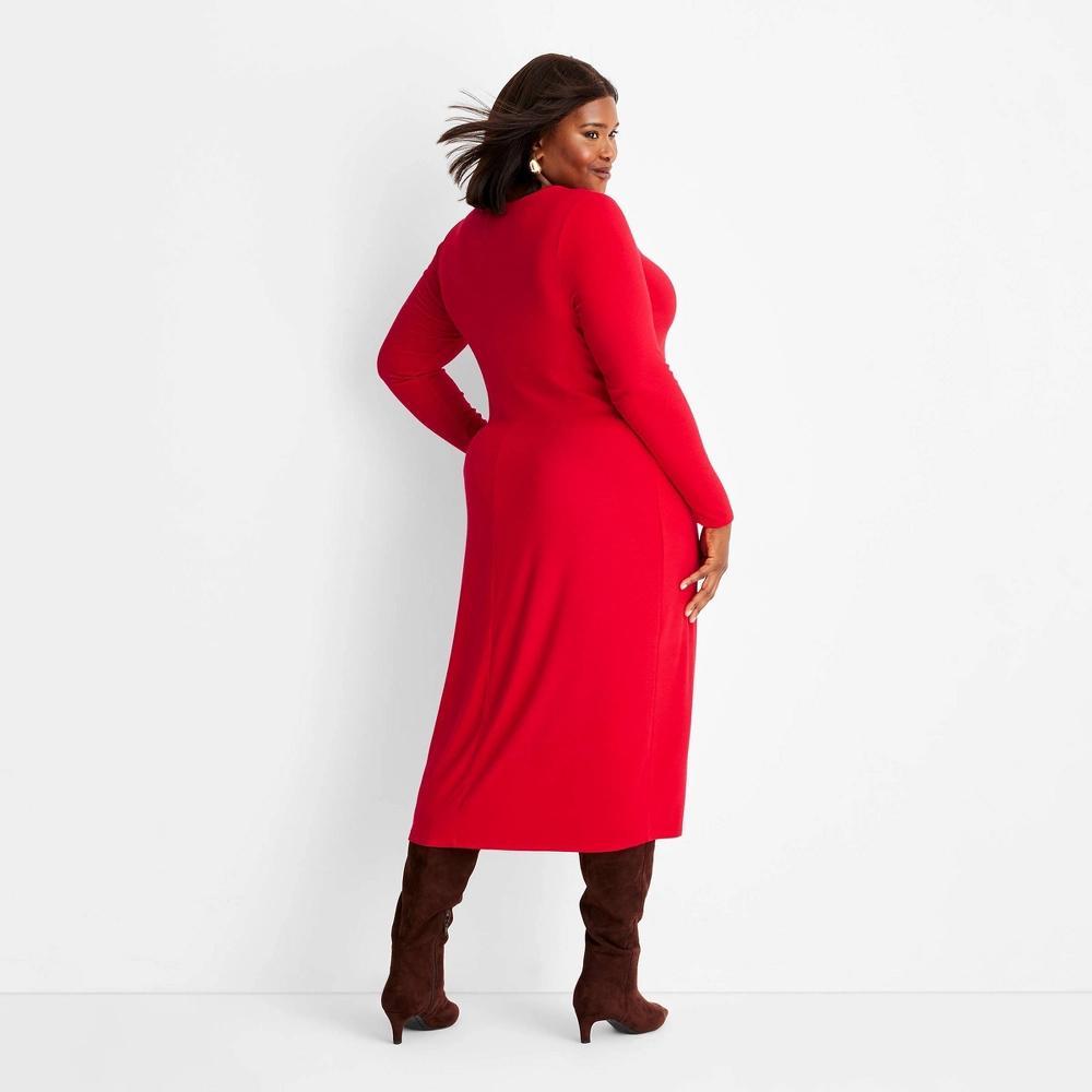 Womens Long Sleeve Ribbed Midi Bodycon Dress - A New Day Red 3X Product Image