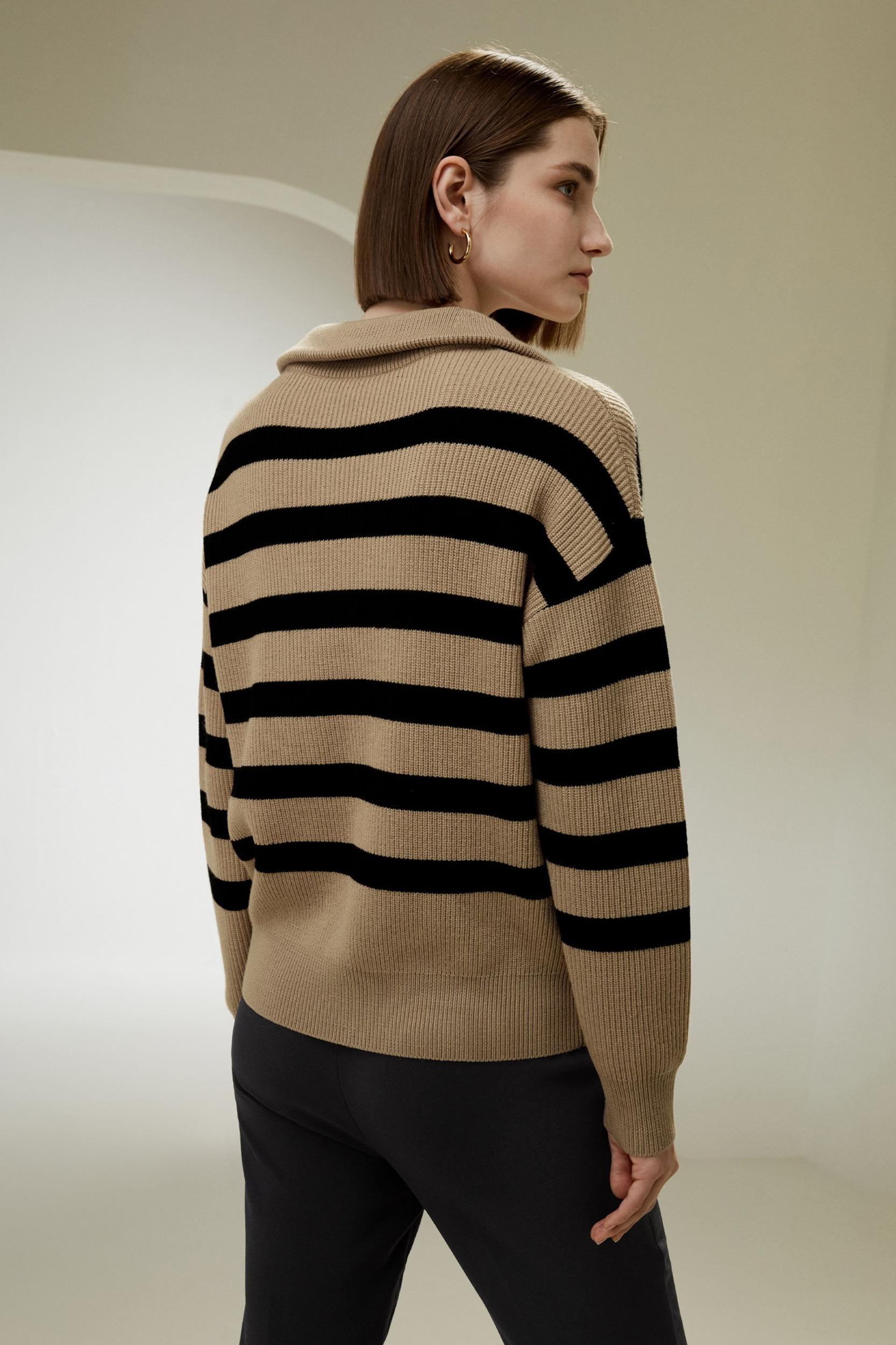 LILYSILK Wool Women's Sweaters Camel with Black Stripes Merino Wool Comfortable Dropped-Shoulder Sweater S Product Image
