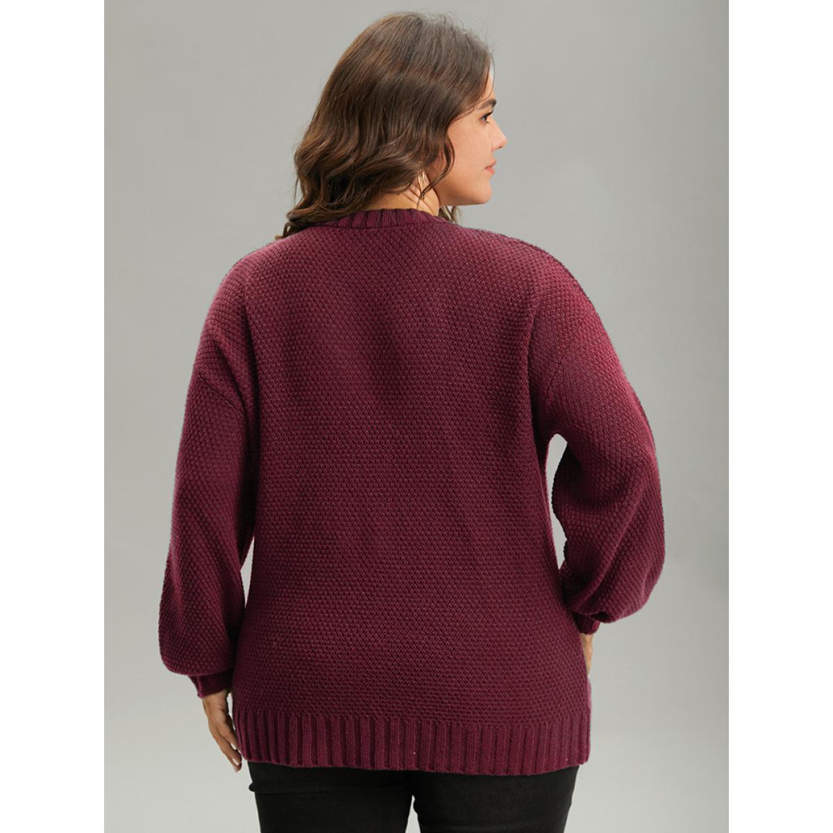 Plus Size Solid Cable Knit V Neck Elastic Cuffs Pullover Burgundy Women Casual Loose Long Sleeve V-neck Everyday Pullovers BloomChic 22-24/3X Product Image