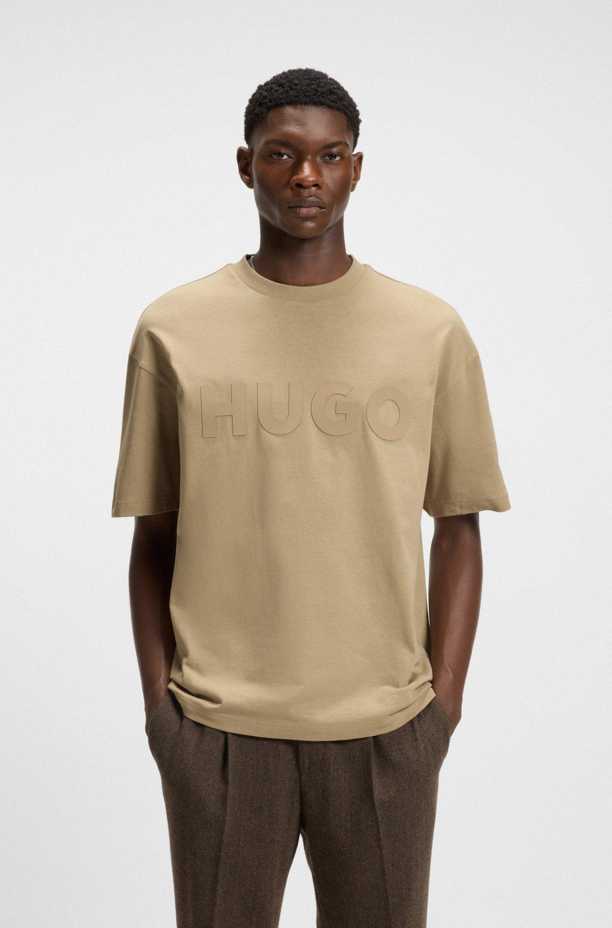 HUGO - Oversize-fit T-shirt in cotton with decorative reflective logo - Beige Product Image