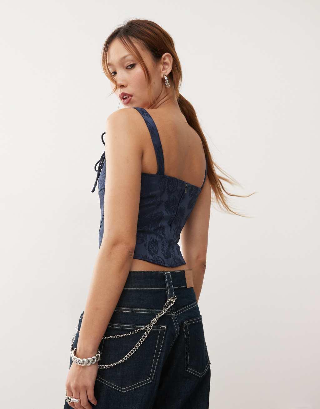 Lioness cami corset top with bow strap detail in navy Product Image