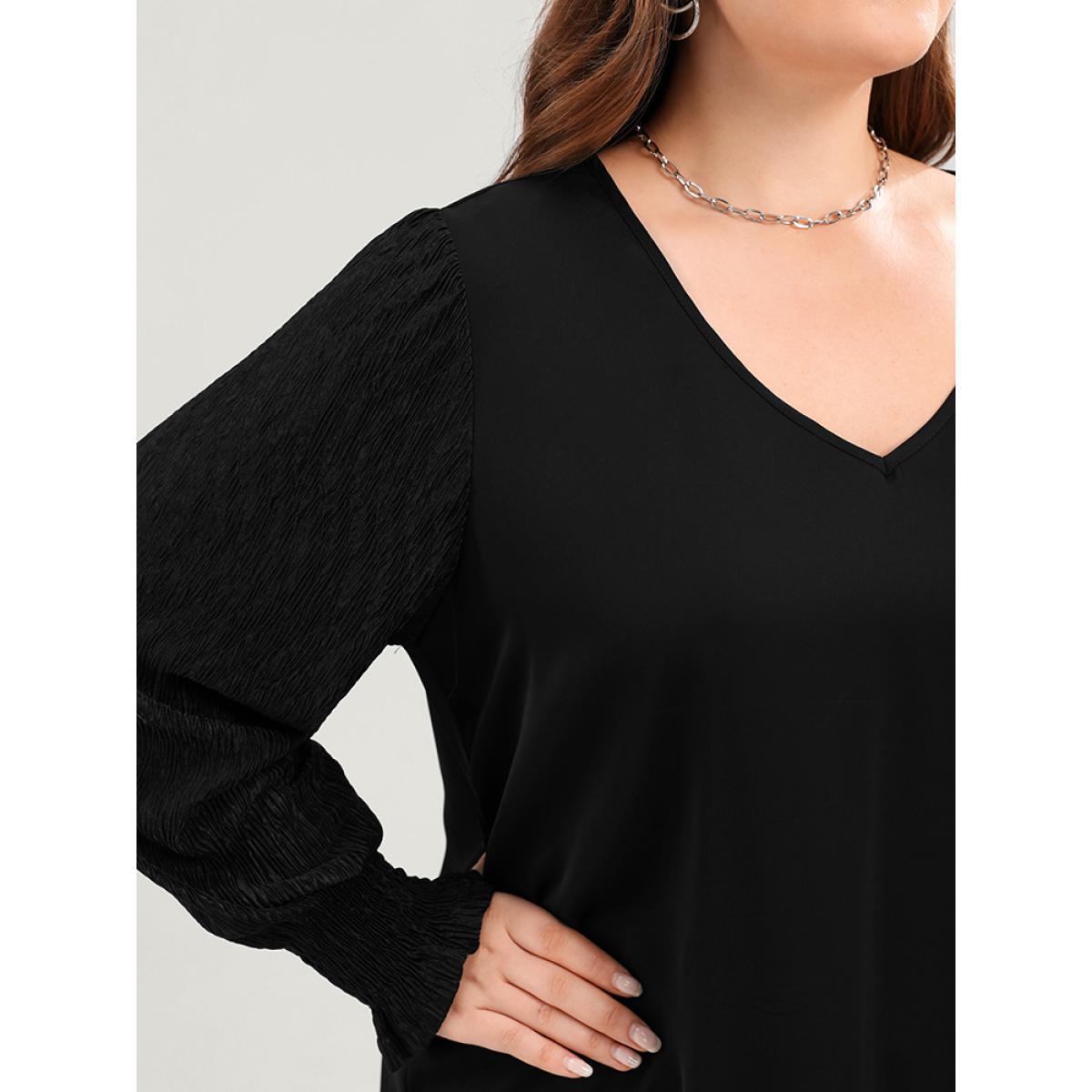 Plus Size Black Solid V Neck Puff Sleeve Blouse Women Elegant Long Sleeve V-neck Dailywear Blouses BloomChic 18-20/2X Product Image