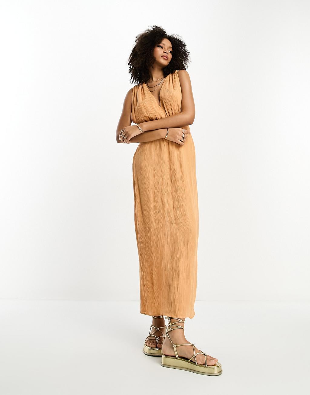 ASOS DESIGN crinkle plunge midi sundress with wrap waist detail and fringe tie Product Image