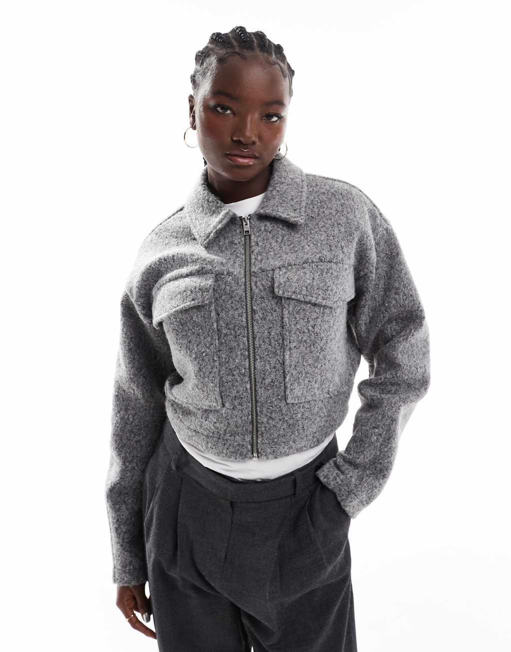 JJXX collared bomber jacket in gray Product Image