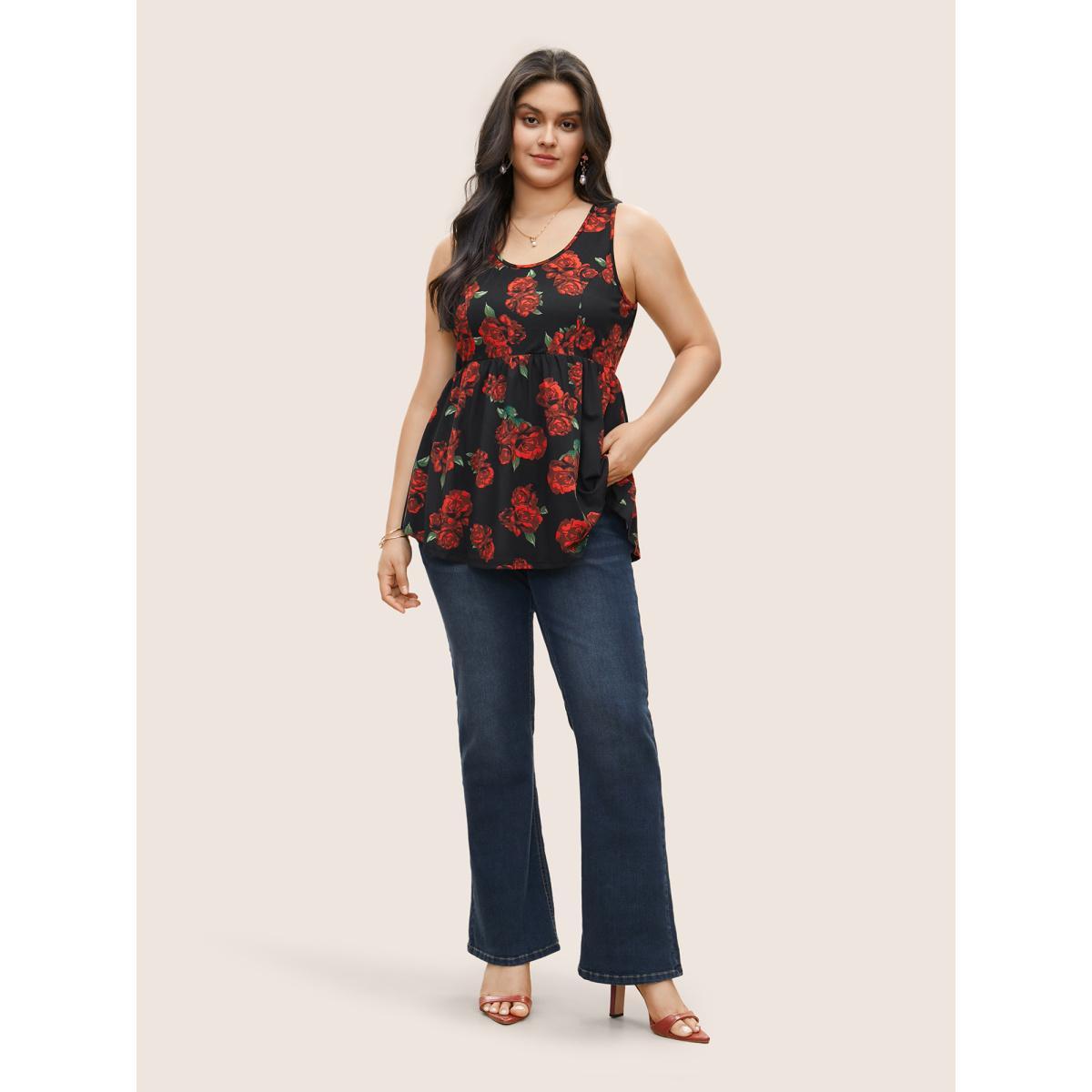 Plus Size Roses Print Elastic Waist Gathered Tank Top Women BlackFlower Elegant Gathered Round Neck Everyday Tank Tops Camis BloomChic 22-24/3X Product Image