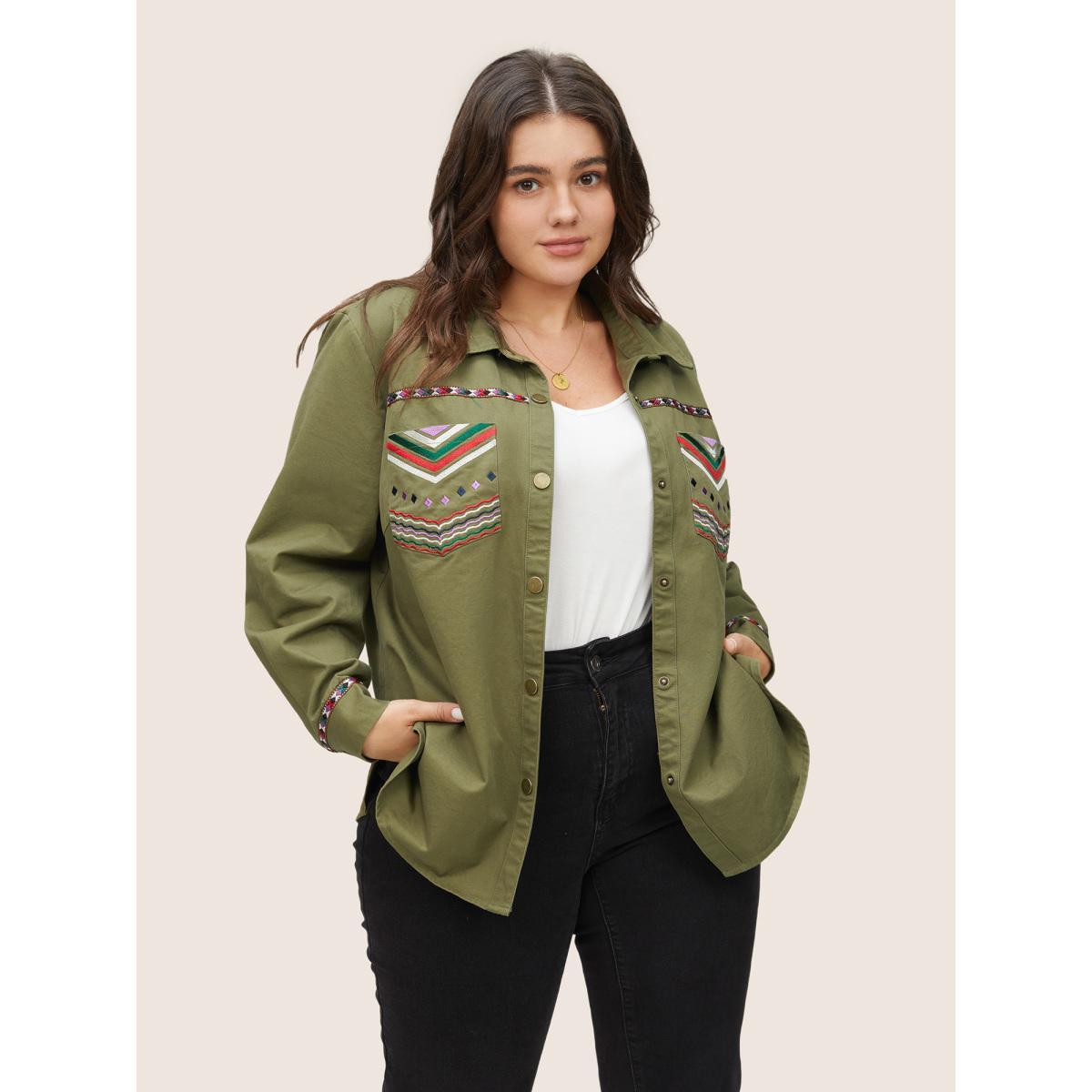 Plus Size Bandana Embroidered Patched Pocket Jacket Women ArmyGreen Non Patch pocket Everyday Jackets BloomChic 18-20/2X Product Image