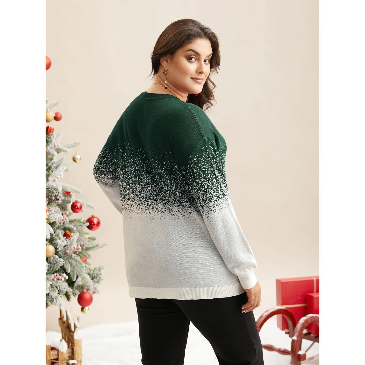Plus Size Holiday Gradient Jacquard Pattern V-neck Pullover DarkGreen Women Casual Loose Long Sleeve V-neck Everyday Pullovers BloomChic 28/5X Product Image