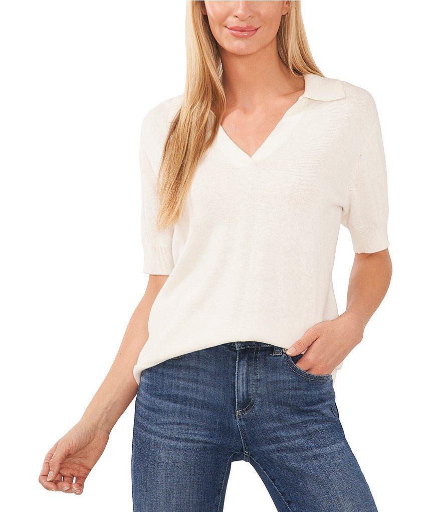 CeCe Johnny Collar Short Sleeve Cotton Blend Polo Top Product Image