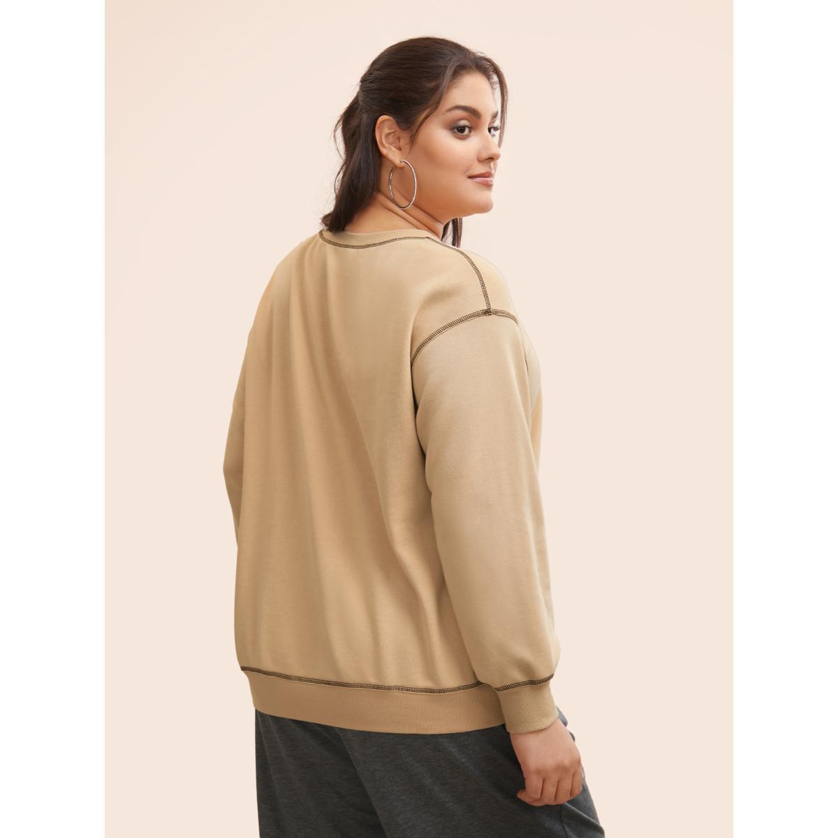Plus Size Round Neck Topstitching Patchwork Sweatshirt Women Champagne Casual Topstitching Round Neck Everyday Sweatshirts BloomChic 10/M Product Image
