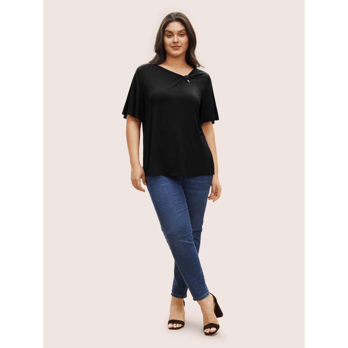 Plus Size Supersoft Essentials Twist Front Asymmetrical Neck T-shirt Black Women Elegant Non Plain Asymmetrical Neck Everyday T-shirts BloomChic 22-24/3X Product Image