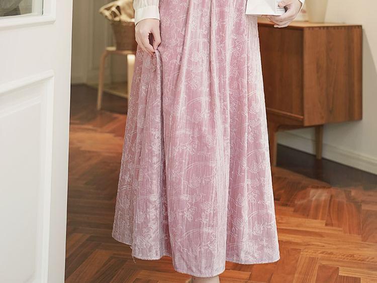 Mock Two-Piece Long-Sleeve Mandarin Collar Floral Velvet Midi A-Line Dress Product Image