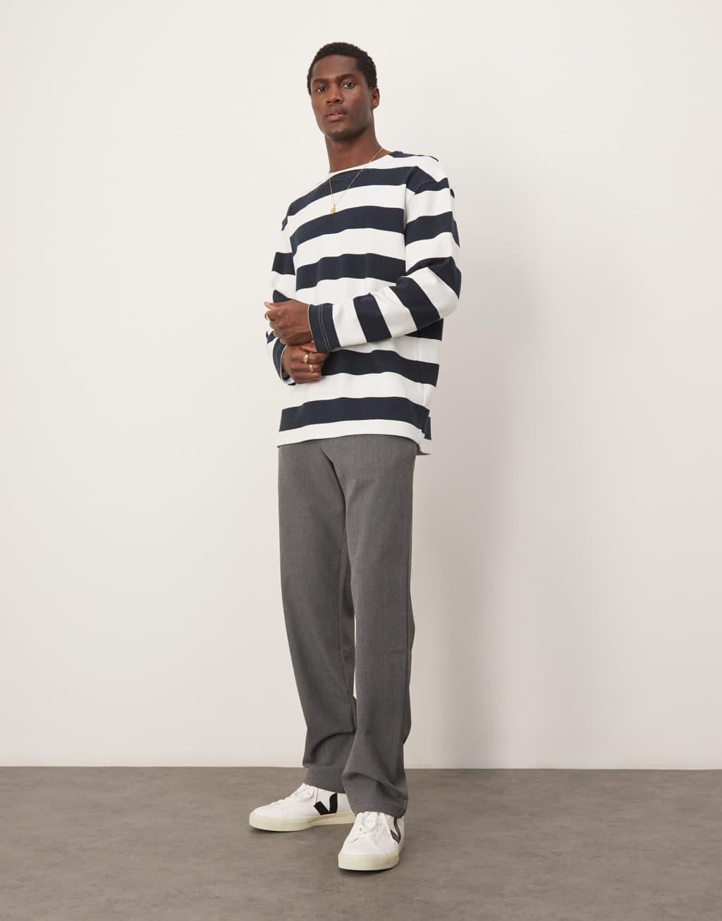 Selected Homme oversized boxy long sleeve T-shirt in navy stripe Product Image