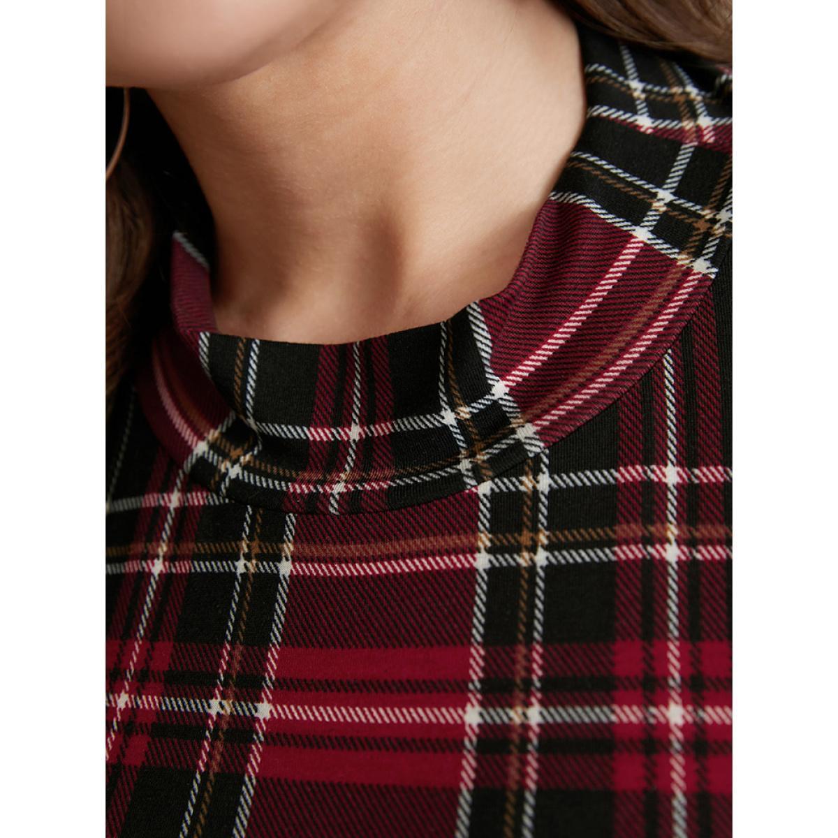 Plus Size Plaid Lantern Sleeve Mock Neck Long Tee Scarlet Women Elegant Printed Plaid Mock Neck Dailywear T-shirts BloomChic 14-16/1X Product Image