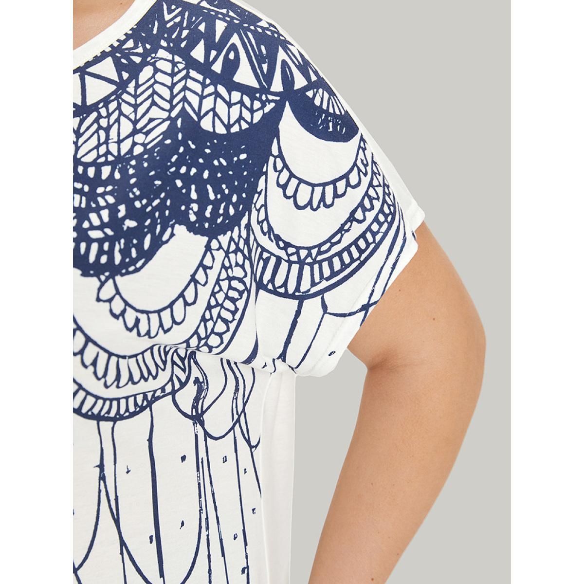 Plus Size Boho Print Batwing Sleeve Crew Neck T-shirt Multicolor Women Casual Printed Bohemian Print Round Neck Dailywear T-shirts BloomChic 22-24/3X Product Image