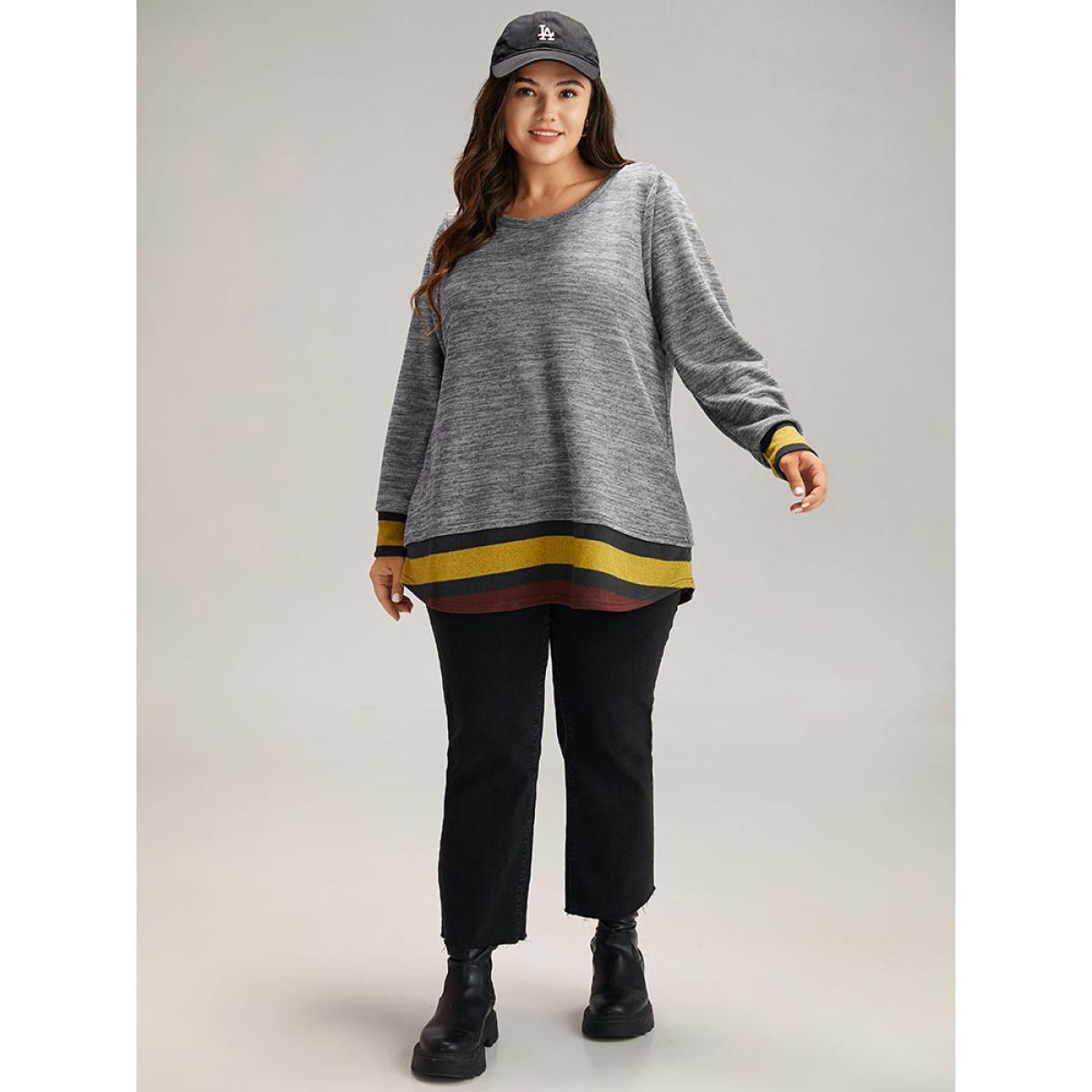 Plus Size Striped Heather Patchwork Curved Hem Sweatshirt Women Gray Casual Contrast Round Neck Dailywear Sweatshirts BloomChic 22-24/3X Product Image