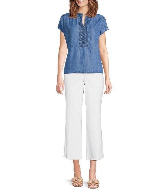 Tru Luxe Jeans Chambray Split V-Neck Cap Sleeve Crochet Trim Top Product Image