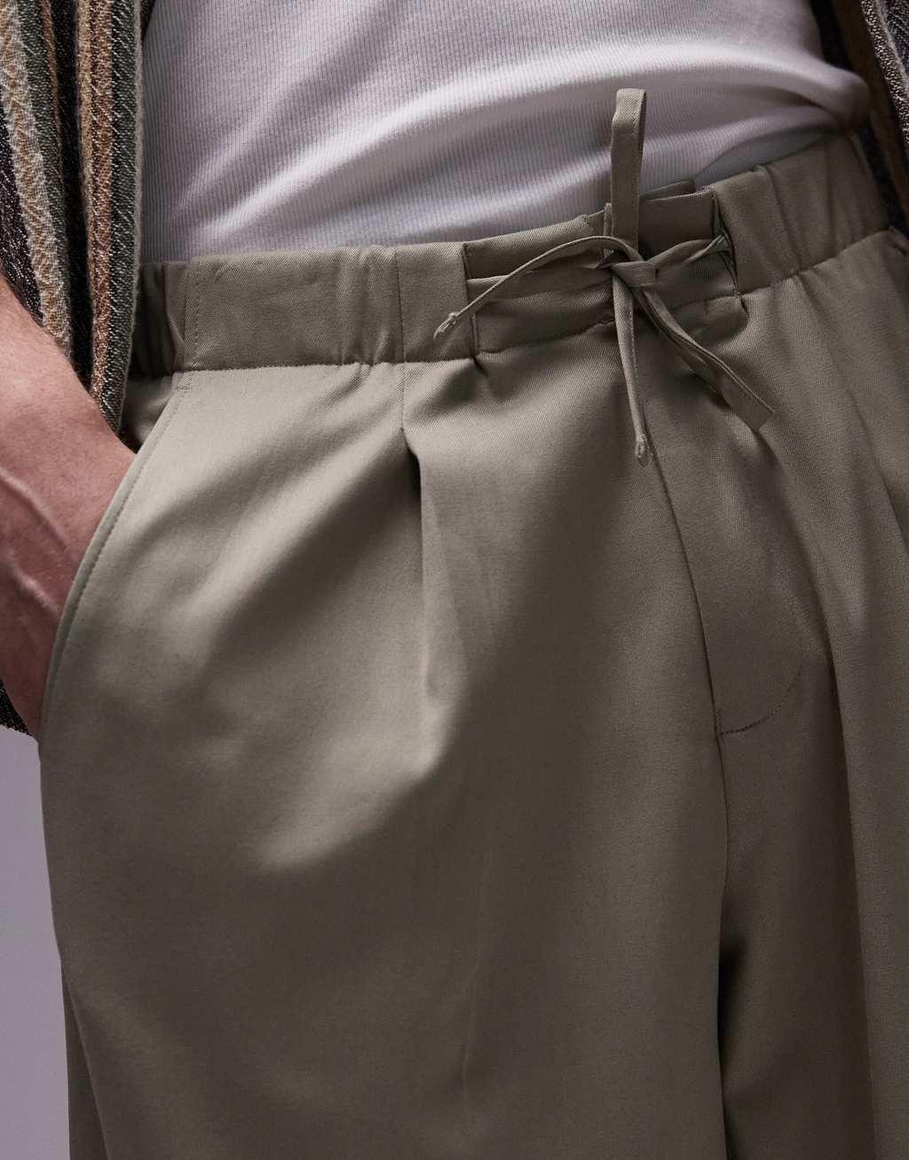 Topman wide leg sweatpants with elastic tie waist in khaki Product Image