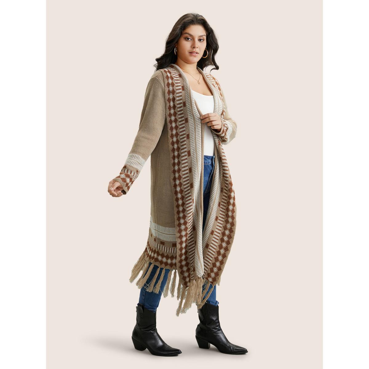 Plus Size Bandana Print Fringe Trim Maxi Cardigan Tan Women Casual Long Sleeve Everyday Cardigans BloomChic 30/6X Product Image
