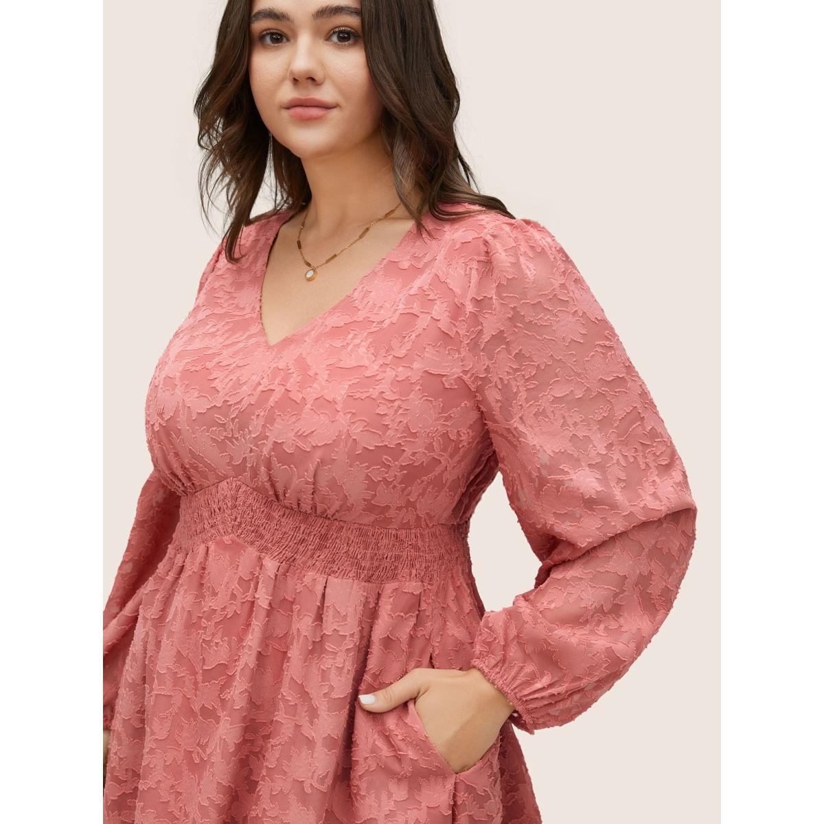 Plus Size Jacquard Texture Shirred Elastic Waist Dress Watermelon Women Elegant Elastic cuffs V-neck Long Sleeve Curvy Midi Dress BloomChic 22-24/3X Product Image