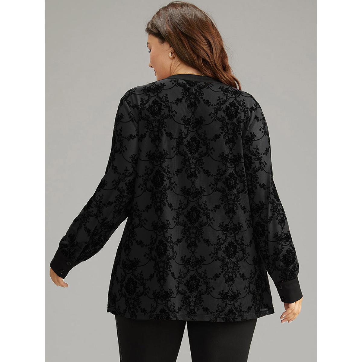 Plus Size Black Floral Print Mesh V Neck Blouse Women Elegant Long Sleeve V-neck Dailywear Blouses BloomChic 10/M Product Image