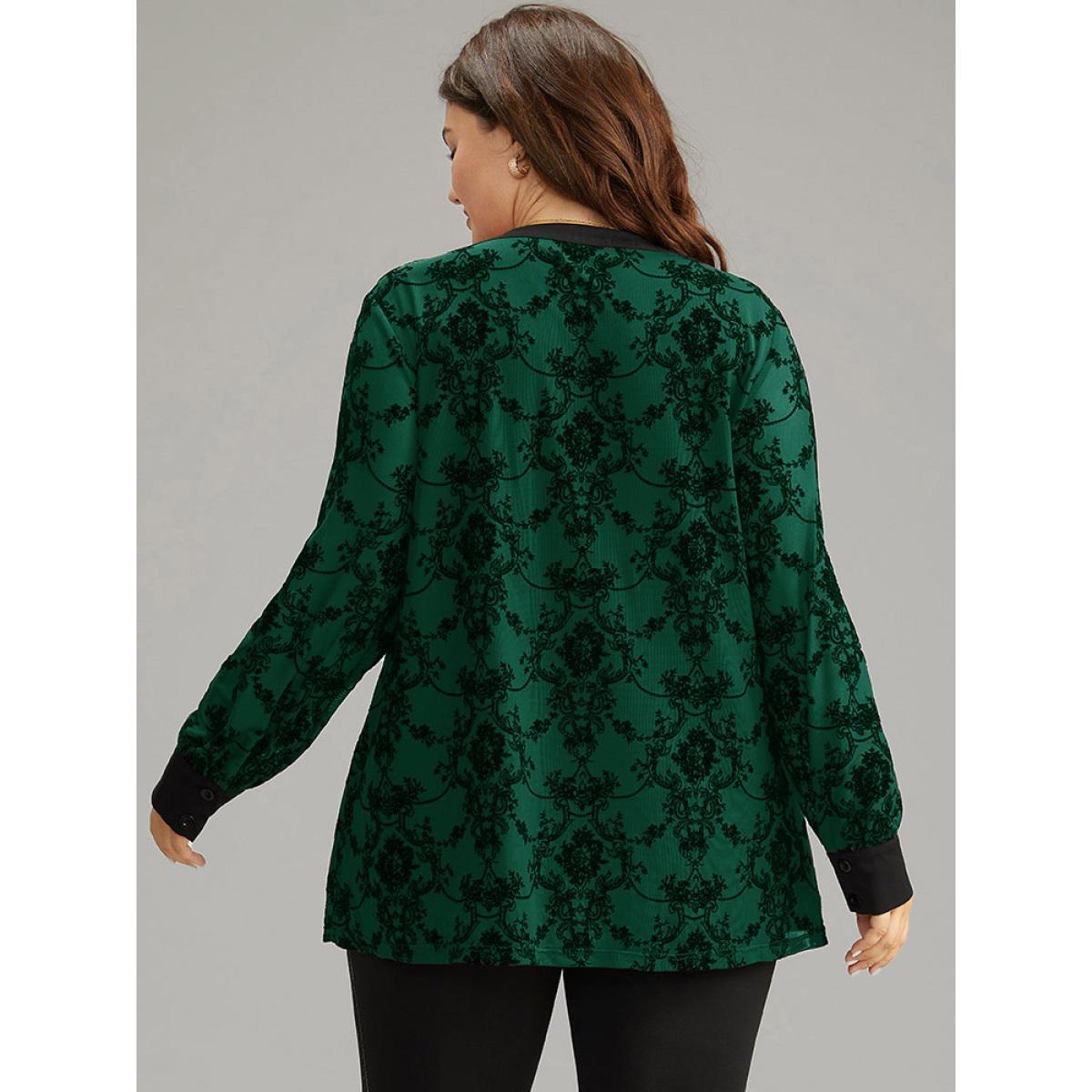 Plus Size DarkGreen Floral Print Mesh V Neck Blouse Women Elegant Long Sleeve V-neck Dailywear Blouses BloomChic 12/L Product Image