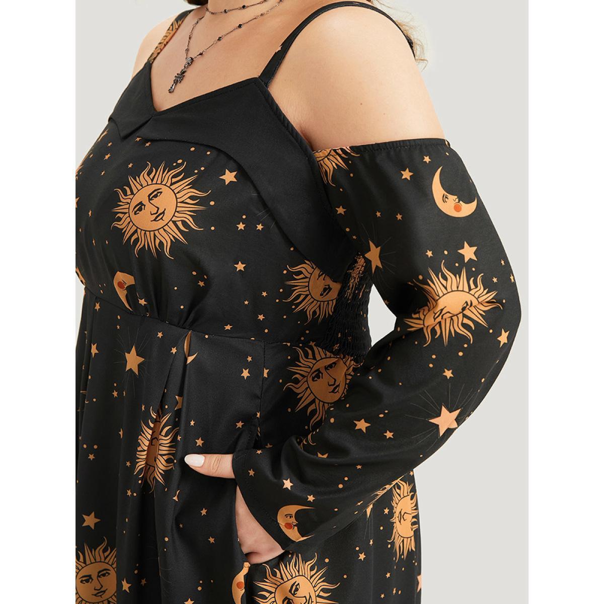 Plus Size Halloween Moon & Star Cold Shoulder Pocket Elastic Waist Dress Black Women Casual Adjustable Straps Spaghetti Strap Long Sleeve Curvy Midi Dress BloomChic 22-24/3X Product Image