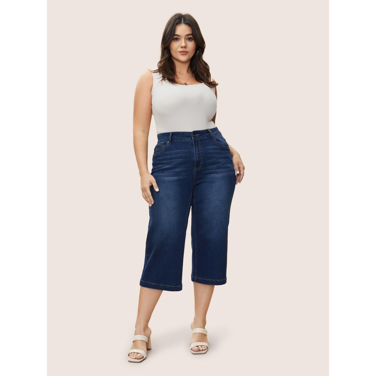 Plus Size Medium Wash Wide Leg High Stretch Jeans Women Blue Casual Plain Button High stretch Slanted pocket Jeans BloomChic 18/2X Product Image