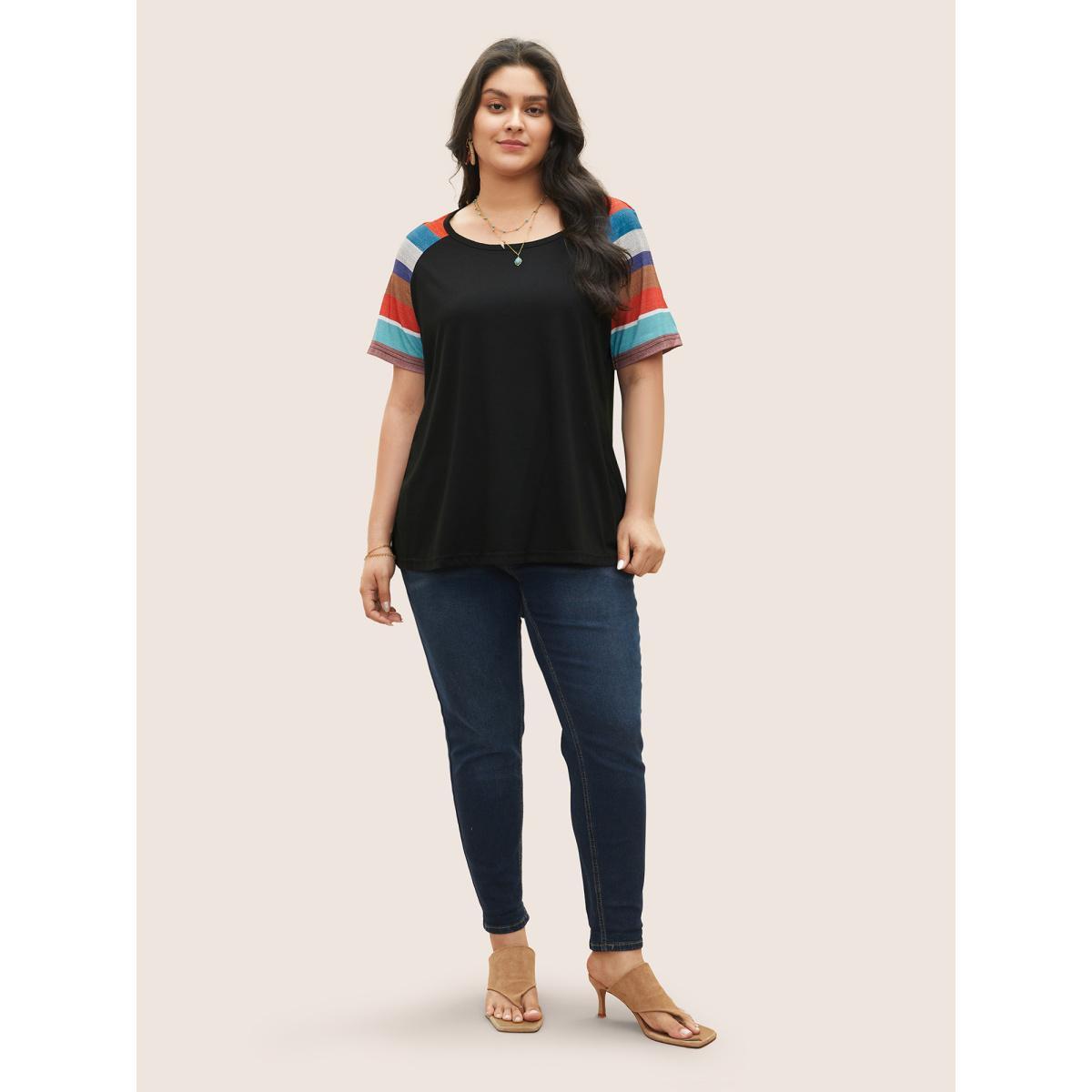 Plus Size Striped Contrast Raglan Sleeve Round Neck T-shirt Black Women Resort Striped Round Neck Vacation T-shirts BloomChic 28/5X Product Image