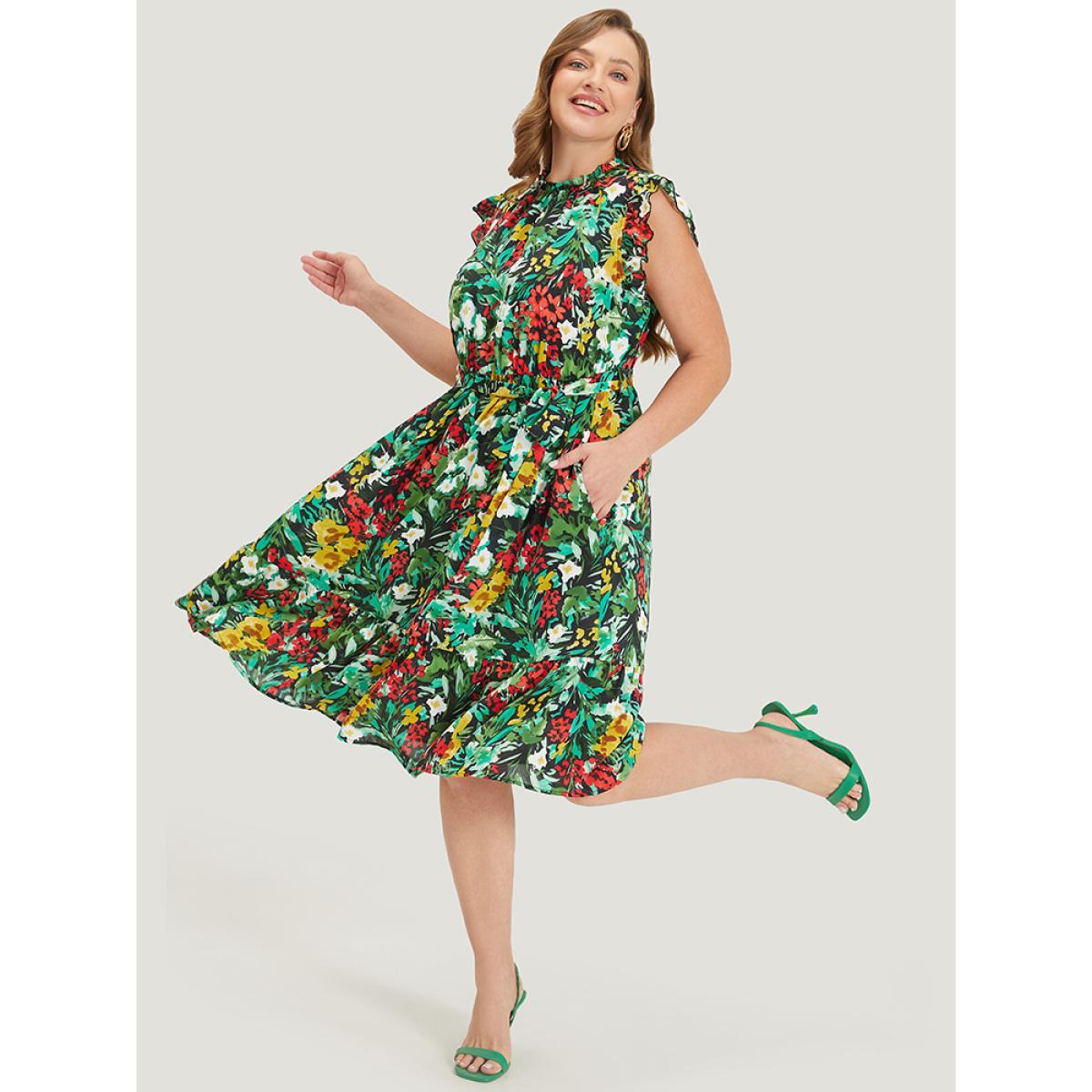 Plus Size Pixel Flower Ruffle Trim Pocket Belt Mock Neck Knee Dress Black Women Elegant Gathered Mock Neck Cap Sleeve Curvy Midi Dress BloomChic 22-24/3X Product Image