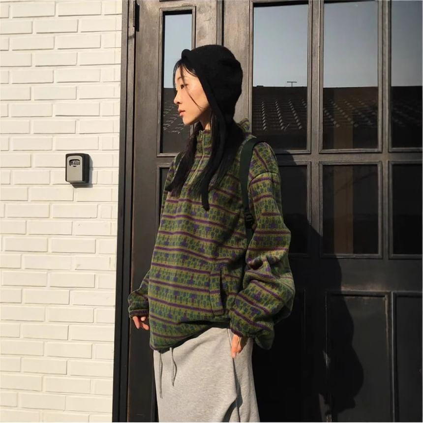 Long Sleeve Stand Collar Pattern Print Fleece Loose-Fit Pullover Product Image
