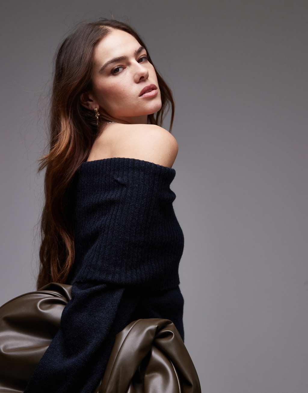 Topshop knit off-the-shoulder top in navy Product Image