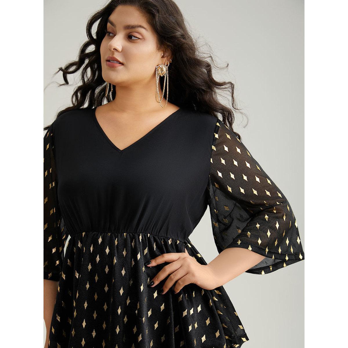Plus Size Black Glitter Patchwork Mesh Hanky Hem Blouse Women Glamour Elbow-length sleeve V-neck Festival-Christmas Blouses BloomChic 28/5X Product Image