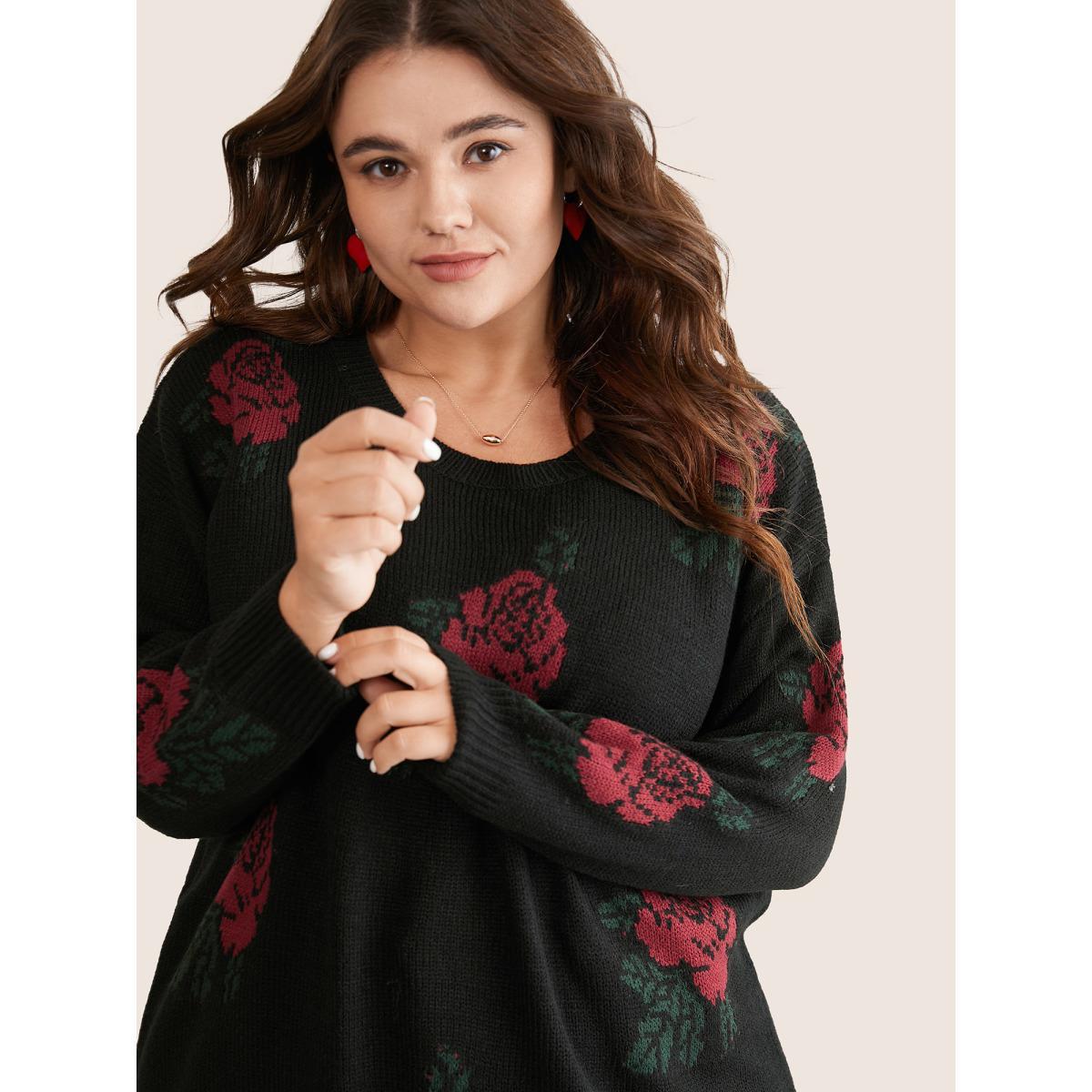Plus Size Rose Jacquard Crew Neck Drop Shoulder Pullover Black Women Casual Long Sleeve Round Neck Everyday Pullovers BloomChic 12/L Product Image
