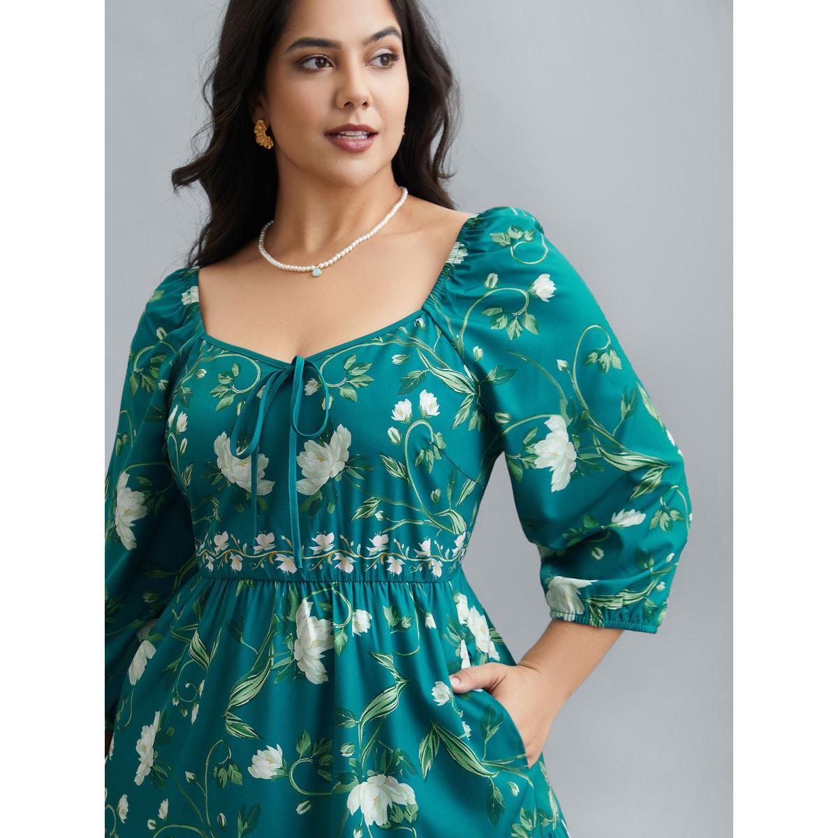 Plus Size Floral Print Lantern Sleeve Tiered Midi Dress Emerald Women Elegant Tie knot Heart neckline Elbow-length sleeve Curvy BloomChic 12/L Product Image