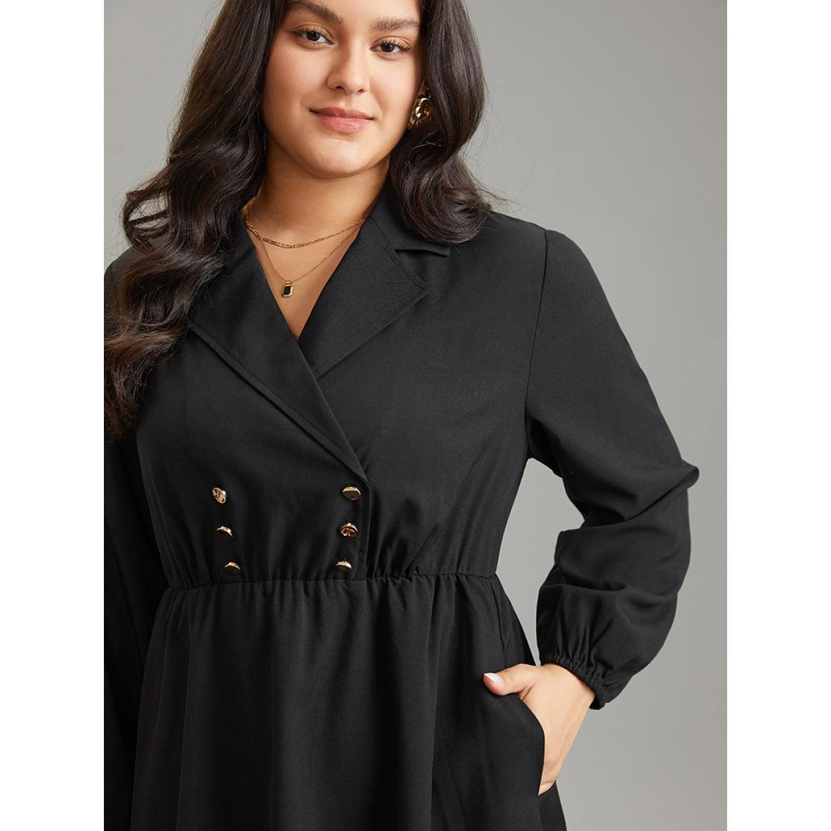 Plus Size Static-Free Suit Collar Button Detail Elastic Waist Dress Black Women At the Office Elastic cuffs Suit Collar Long Sleeve Curvy Midi Dress BloomChic 14-16/1X Product Image